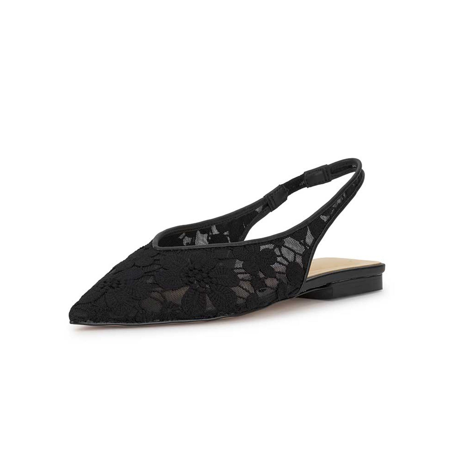 Black Mesh Pointed-Toe Flowers Embroidery Back Strap Flats