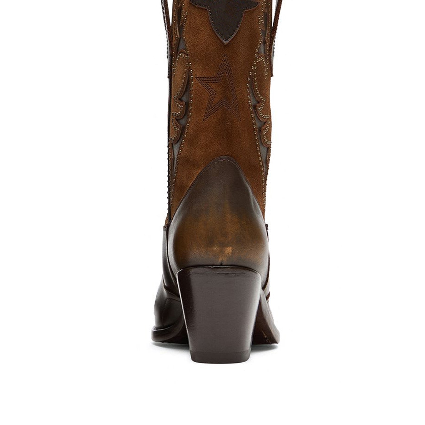 Brown Contrast Vegan Leather And Faux Suede Snip-Toe Studded Inlay Mid Calf Cowgirl Boots
