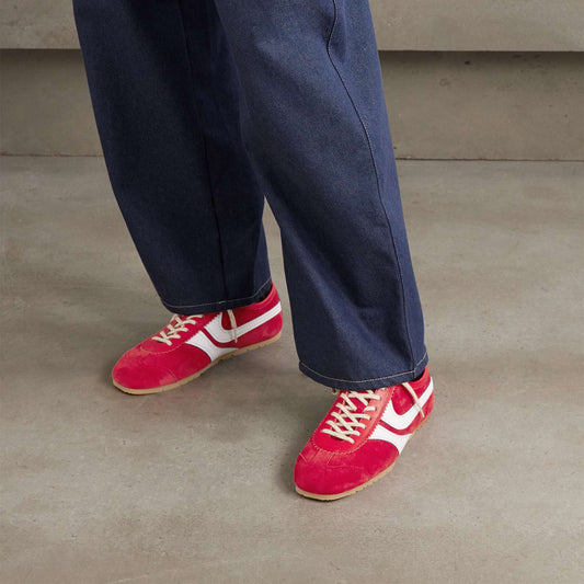 Red Contrast Faux Suede And Vegan Leather Square-Toe Lace-Up Sneakers Flats