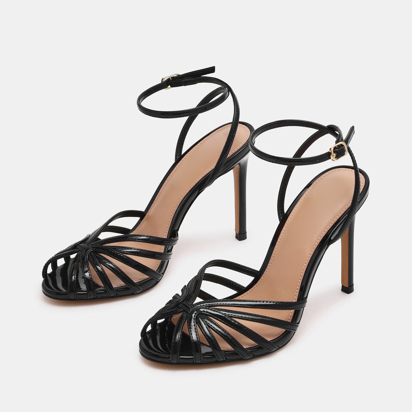 Patent Black Round-Toe Strappy Ankle And Back Straps Stiletto Heels