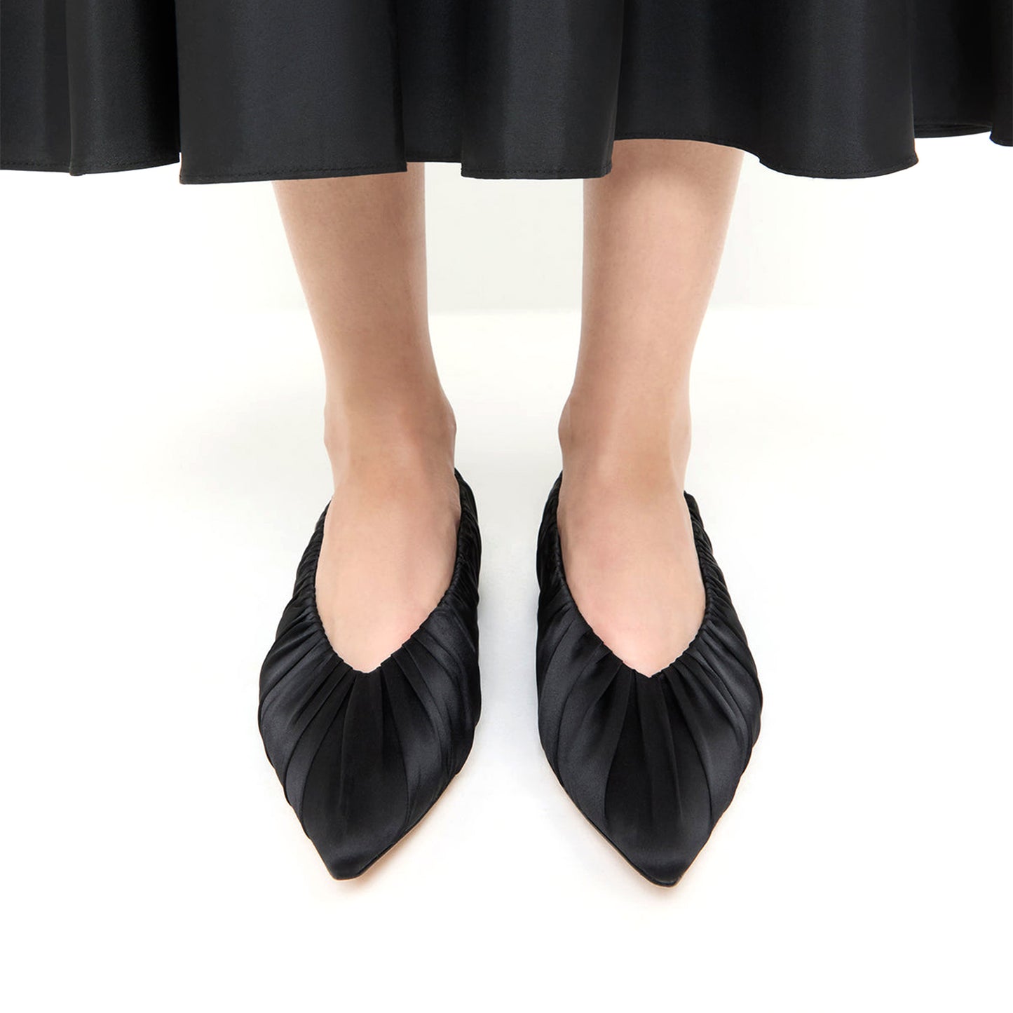 Black Satin Pointed-Toe Smocked Detail Slip-On Flats