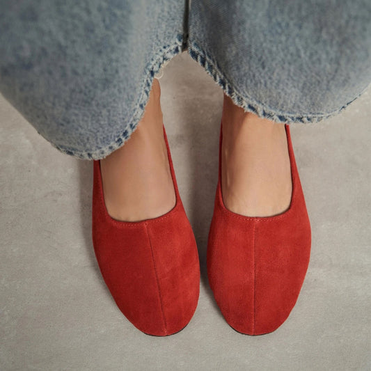 Red Cow Suede Round-Toe Slip-On Classic Ballet Flats
