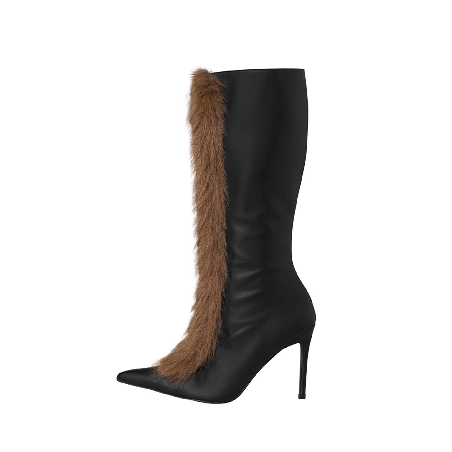 Black Pointed-Toe Brown Plush Full-Zip Mid Calf Stiletto Boots