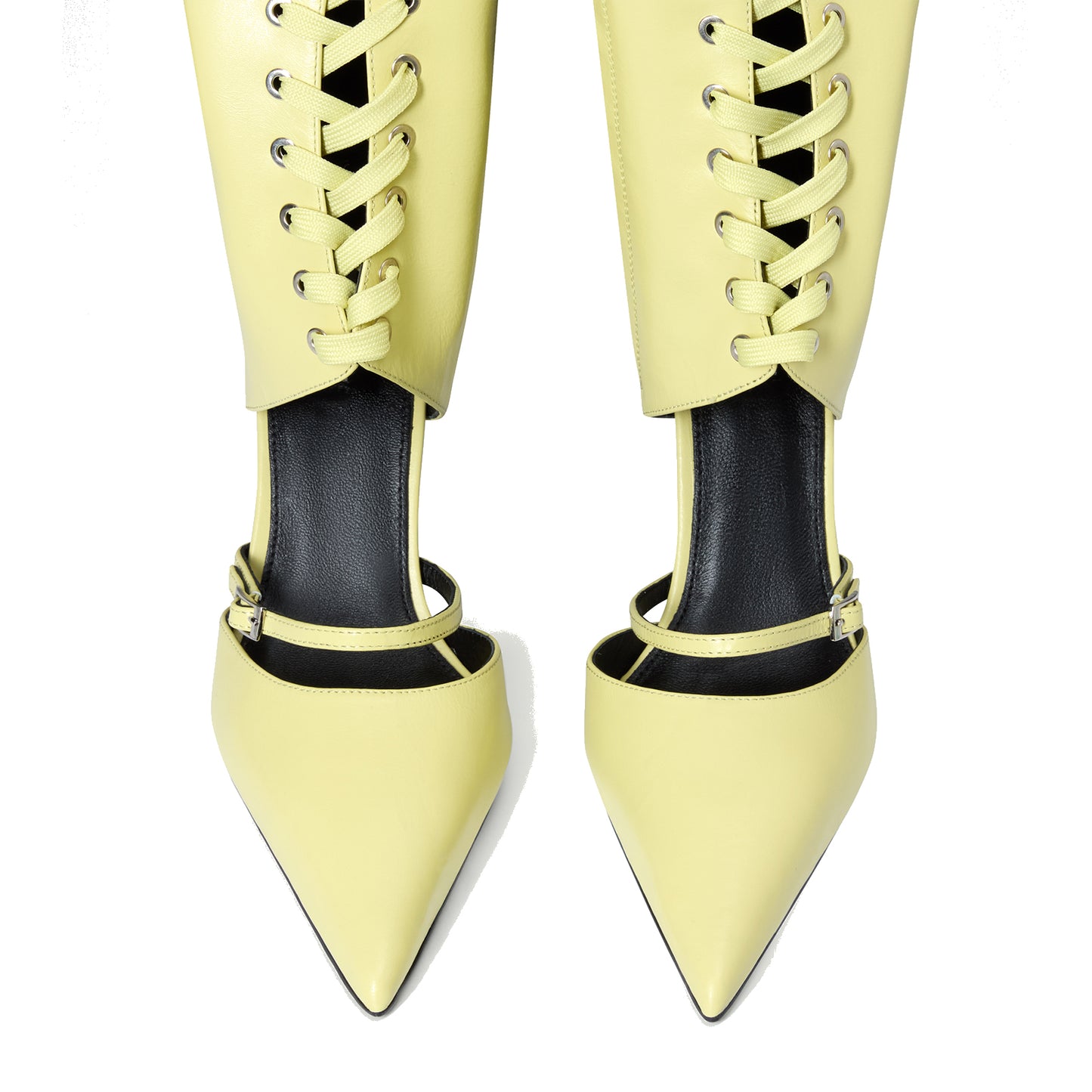 Yellow Pointed-Toe Front Lace-Up Full-Zip Knee High Stiletto Boots