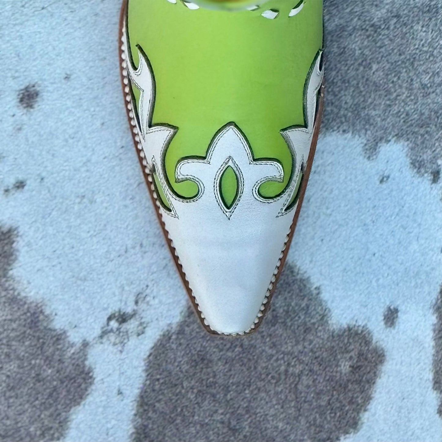 Contrast Lime And White Snip-Toe Running Stitch Ankle Cowgirl Boots