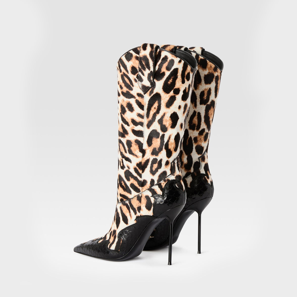 Leopard Pattern And Black Snakeskin Pattern Pointed-Toe Slip-On Mid Calf Stiletto Boots