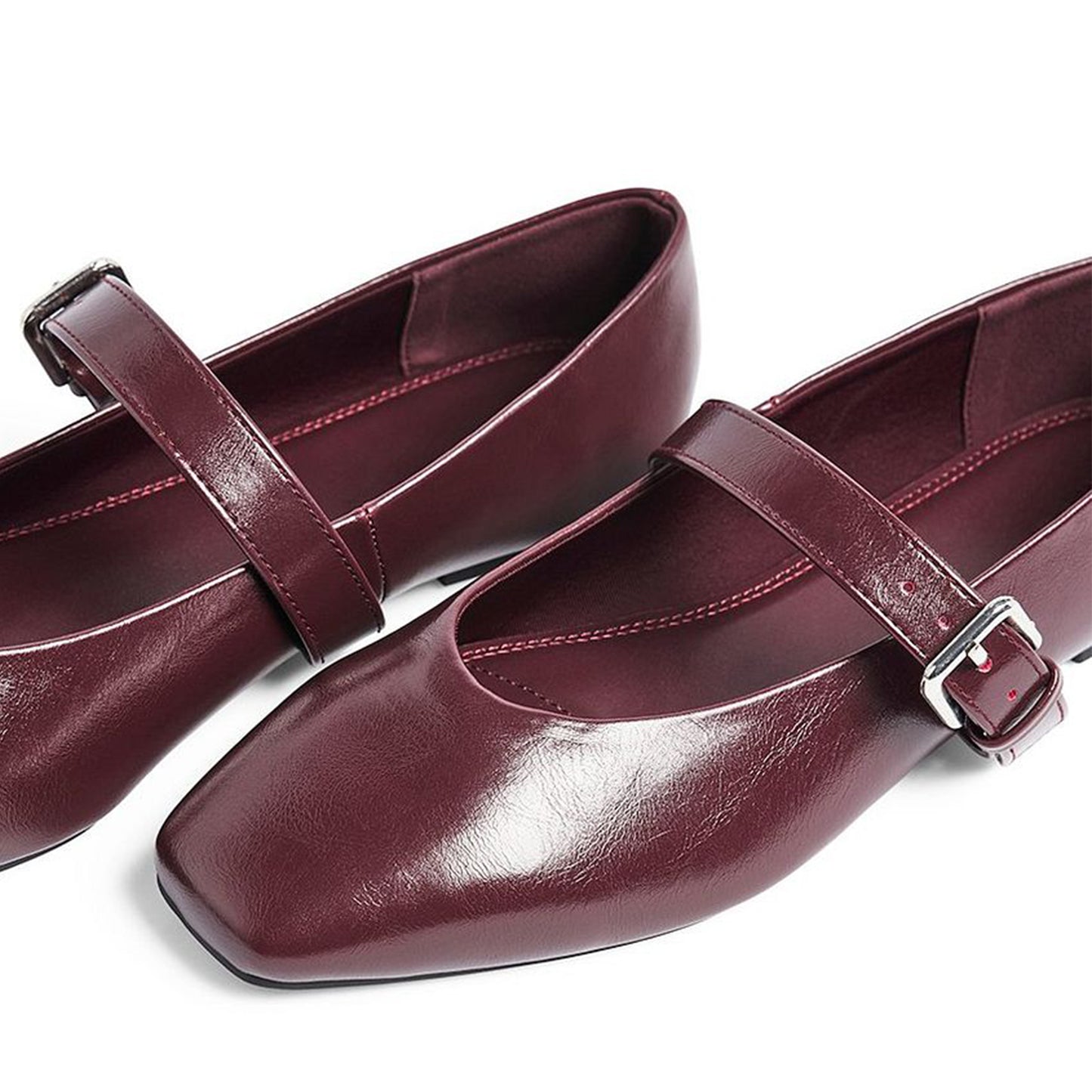 Burgundy Square-Toe Buckle Mary Jane Ballet Flats