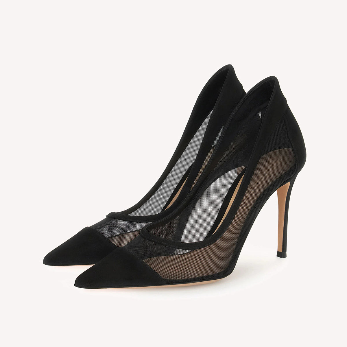 Black Mesh And Faux Suede Pointed-Toe Chic Slip-On High Heels Pumps