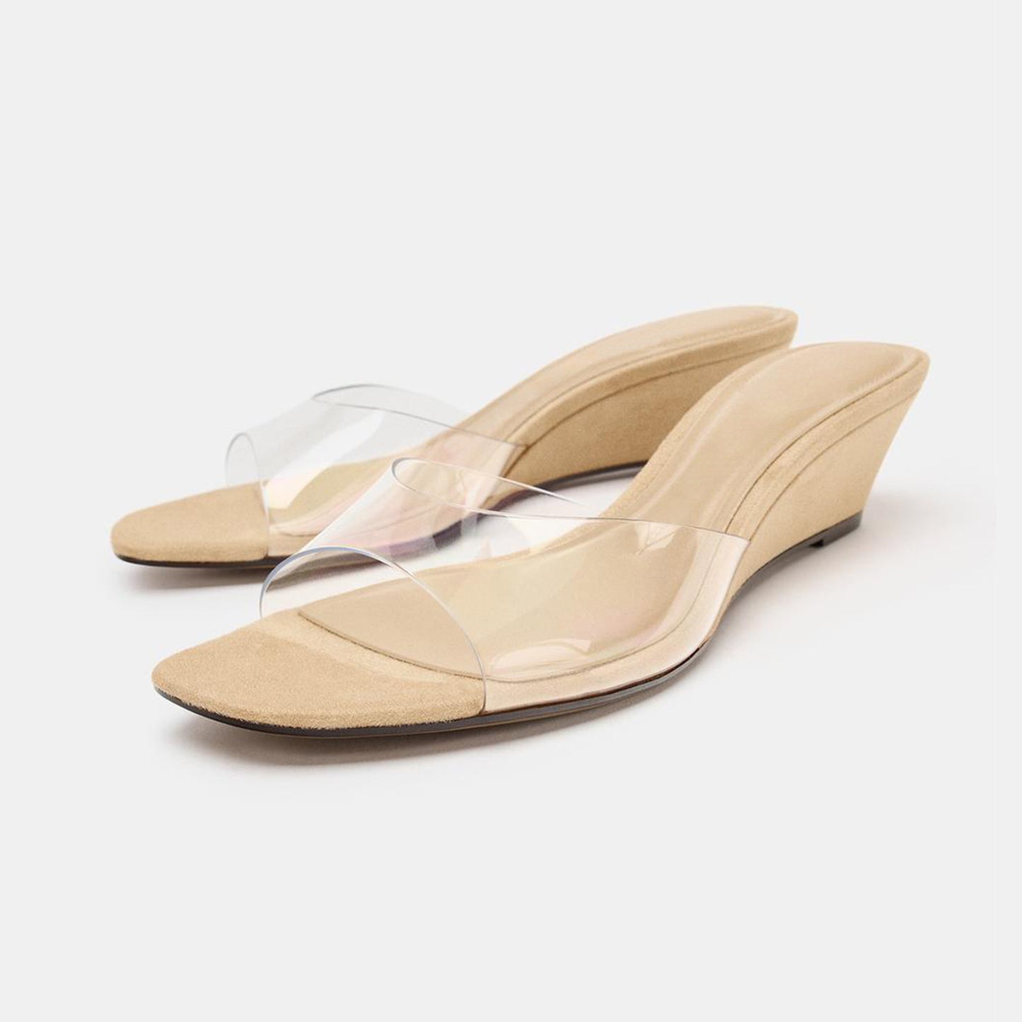 TPU Transparent Film Square-Toe Backless Wedge Heel Sandals
