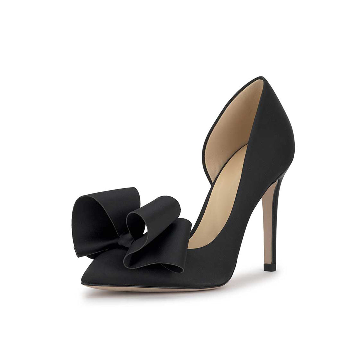 Black Satin Pointed-Toe Front Big Bow Sleek Slip-On High Heels