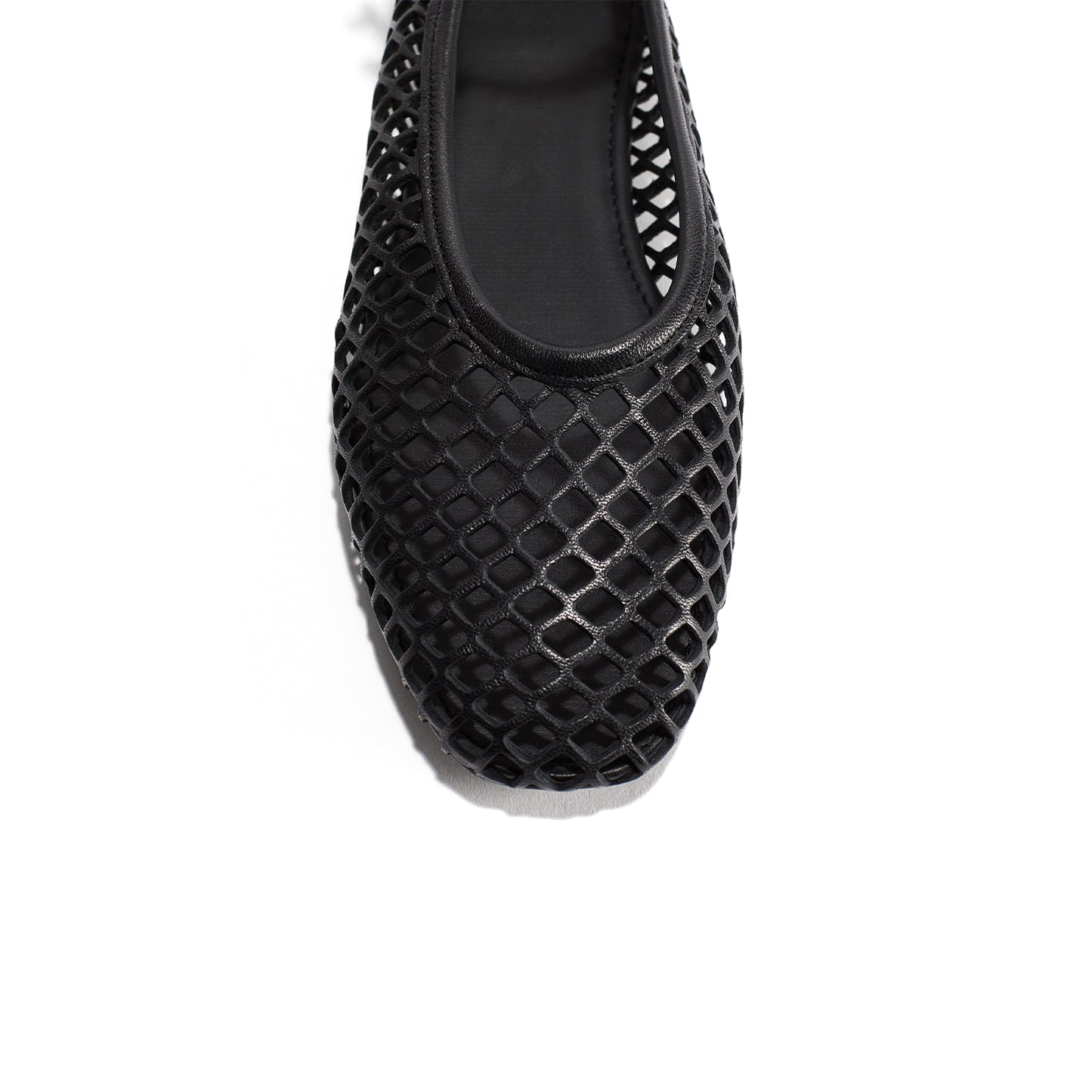 Black Square-Toe Perforated Ballet Flats With Ankle Strap