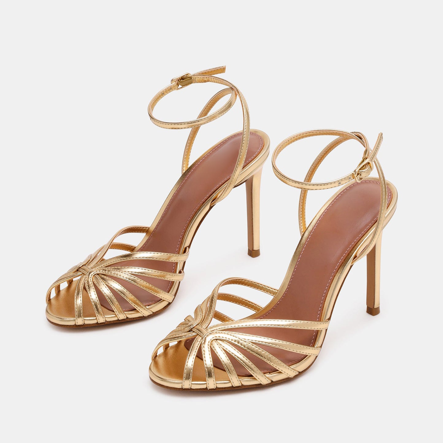 Metallic Gold Round-Toe Strappy Ankle And Back Straps Stiletto Heels