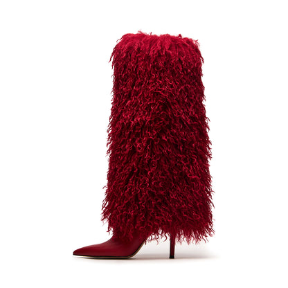 Red Pointed-Toe Full Plush Wide Calf Knee High Stiletto Boots