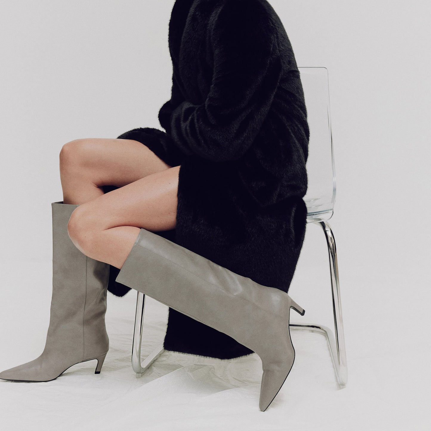 Gray Pointed-Toe Sleek Wide Calf Knee High Stiletto Boots