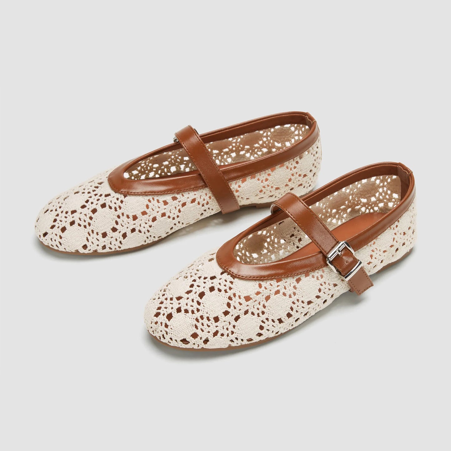 Beige Wool Weaving Round-Toe Buckle Mary Jane Classic Flats