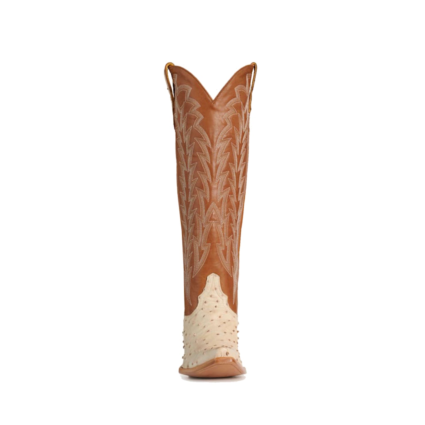 Contrast Brown And Bone Ostrich Print Snip-Toe Embroidery Classic Wide Calf Knee High Cowgirl Boots