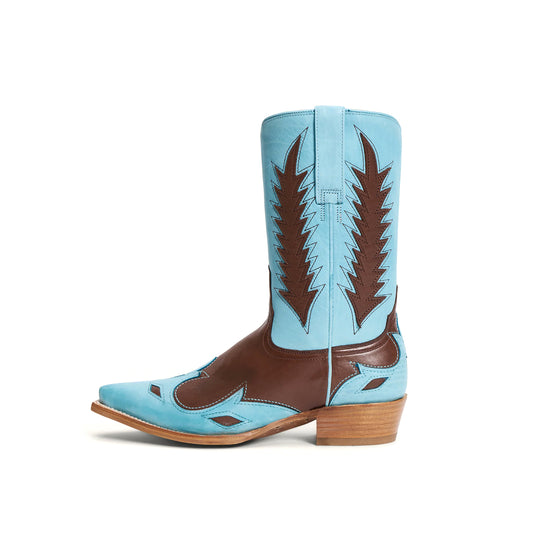 Contrast Blue And Brown Snip-Toe Embroidery Mid Calf Cowgirl Boots