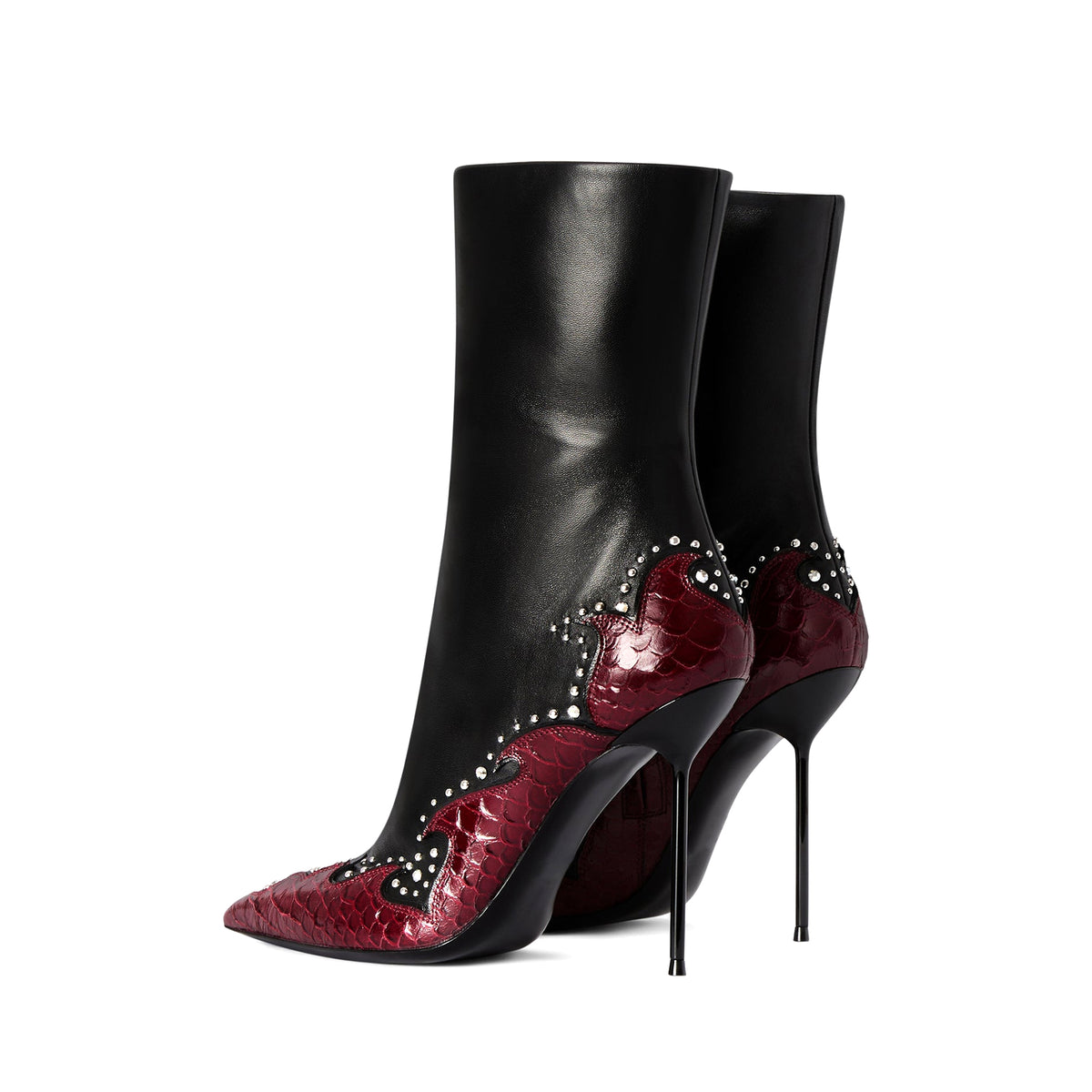Black And Red Snakeskin Pattern Pointed-Toe Studs Full-Zip Ankle Stiletto Boots