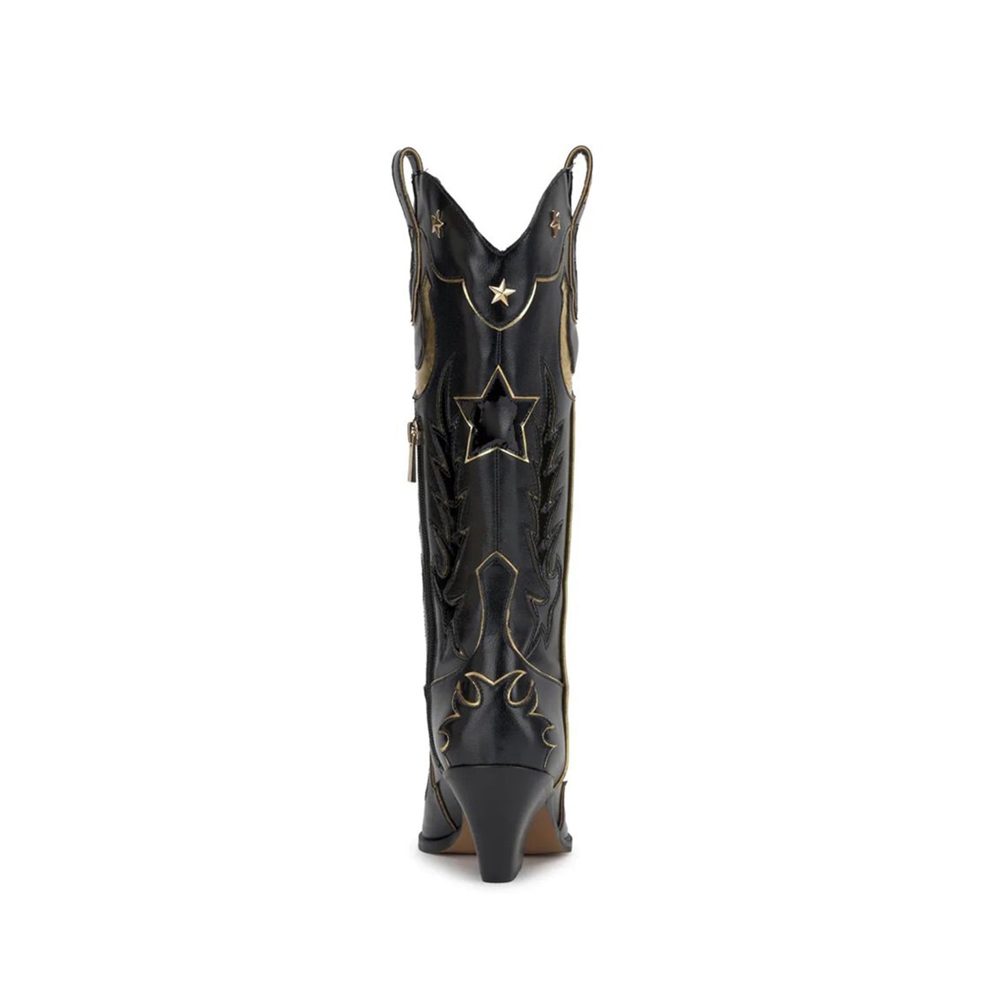 Black Almond-Toe Horseshoe Inlay Star Studs And Applique Mid Calf Cowgirl Boots