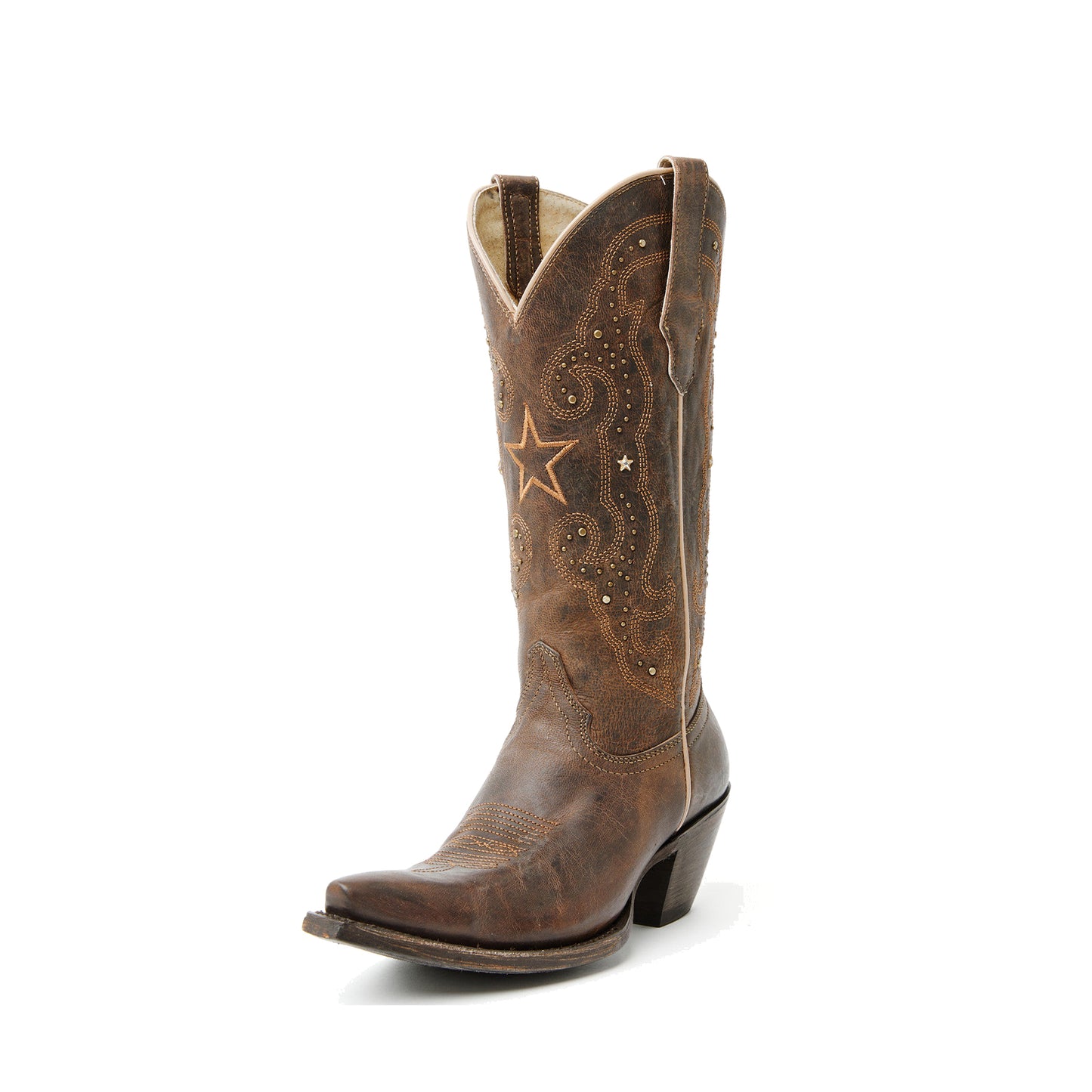 Brown Snip-Toe Stars Studs And Embroidery Mid Calf Cowgirl Boots