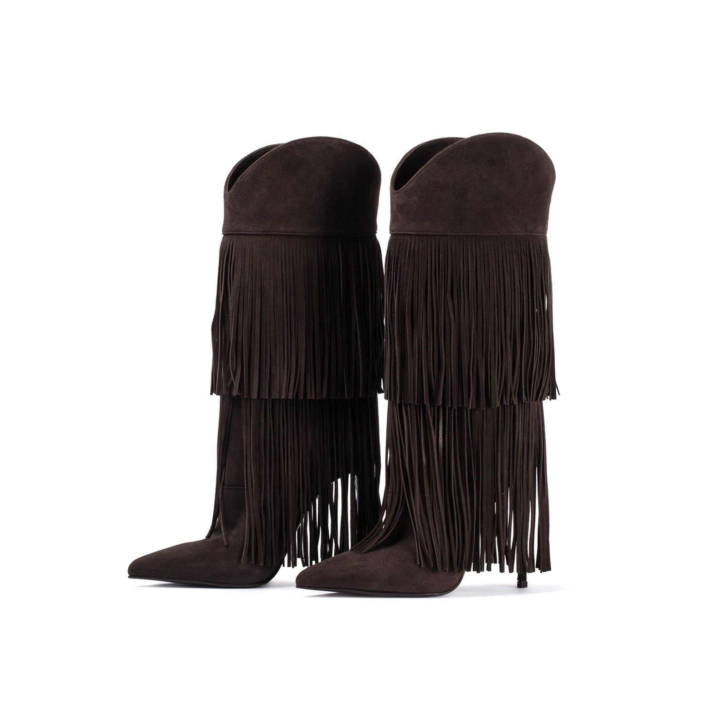 Brown Faux Suede Pointed-Toe Shaft Fringe Mid Calf Stiletto Boots