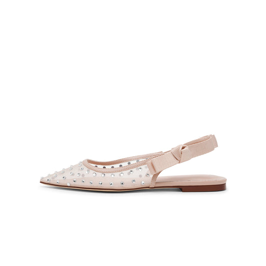 Nude Mesh Pointed-Toe Rhinestones And Slingback With Bow Flats