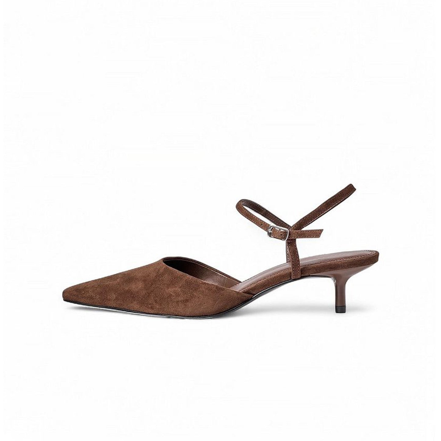 Brown Faux Suede Pointed-Toe Ankle Strap Kitten Heels Pumps
