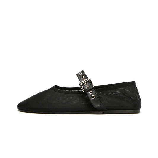 Black Mesh Round-Toe Ballet Flats With Bridge Strap