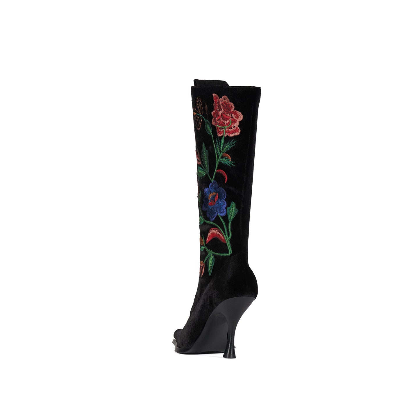 Black Velvet Pointed-Toe Colorful Flowers Embroidery Front Lace-Up Full-Zip Knee High Stiletto Boots