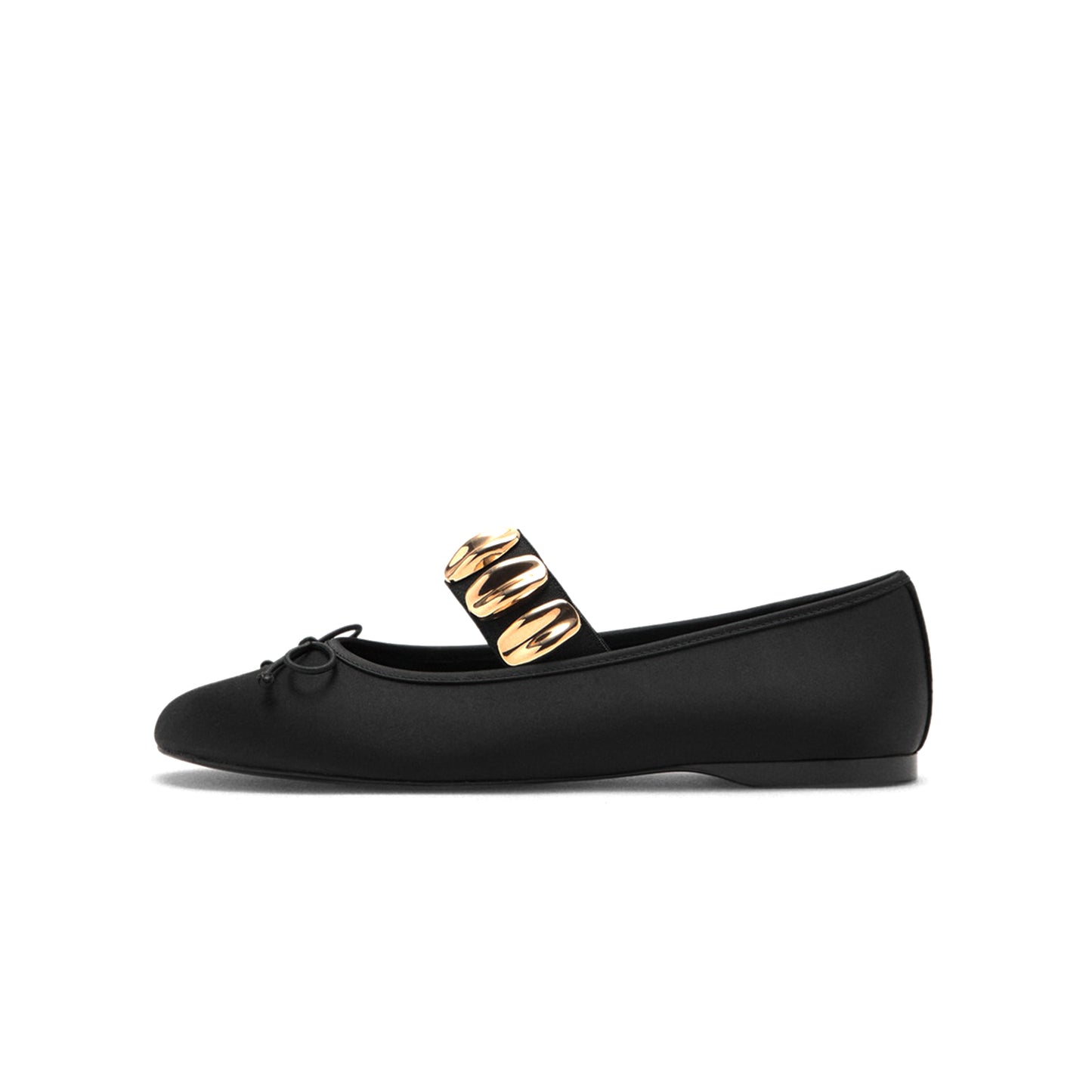 Black Satin Square-Toe Front Bow And Studded Mary Jane Ballet Flats