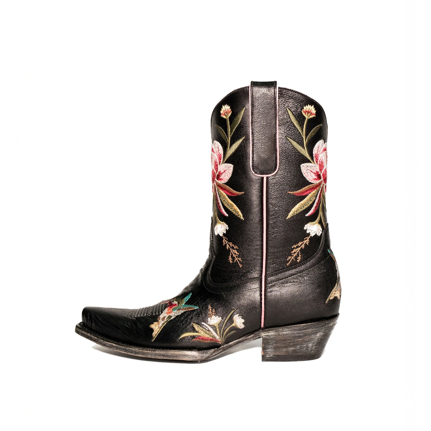 Black Snip-Toe Vivid Flowers And Bird Embroidery Ankle Cowgirl Boots