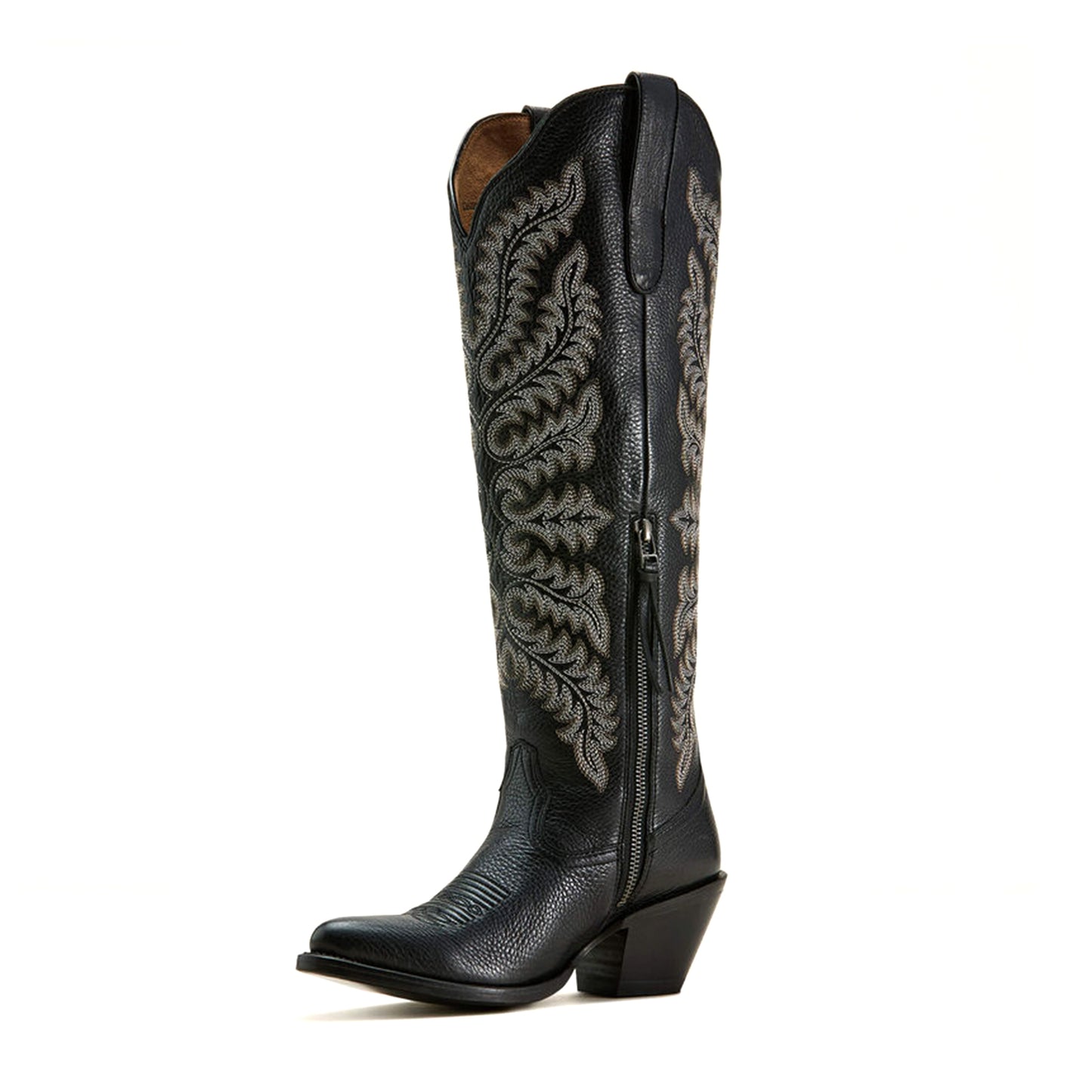 Black Almond-Toe Intricate Stitching Wide Calf Knee High Cowgirl Boots