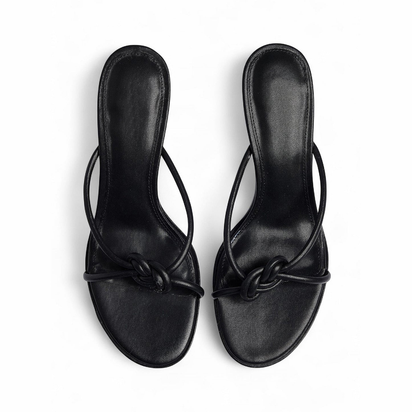 Black Round-Toe Front Knot Straps Backless Kitten Heels