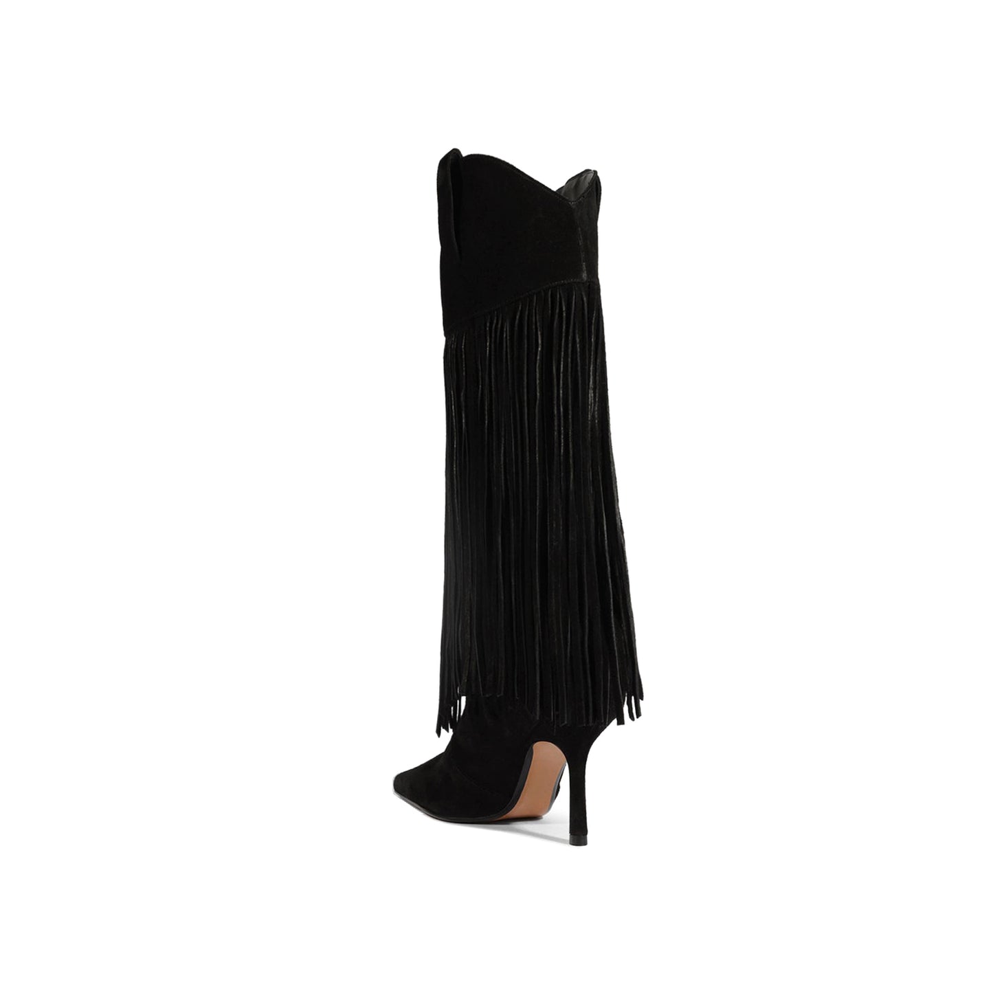 Black Faux Suede Pointed-Toe Shaft Fringe Mid Calf Stiletto Boots