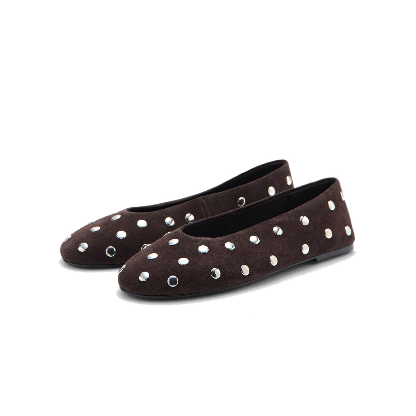 Chocolate Faux Suede Round-Toe Full Studs Slip-On Ballet Flats