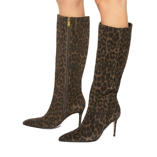 Leopard Print Pointed-Toe Stylish Simple Full-Zip Knee High Stiletto Boots