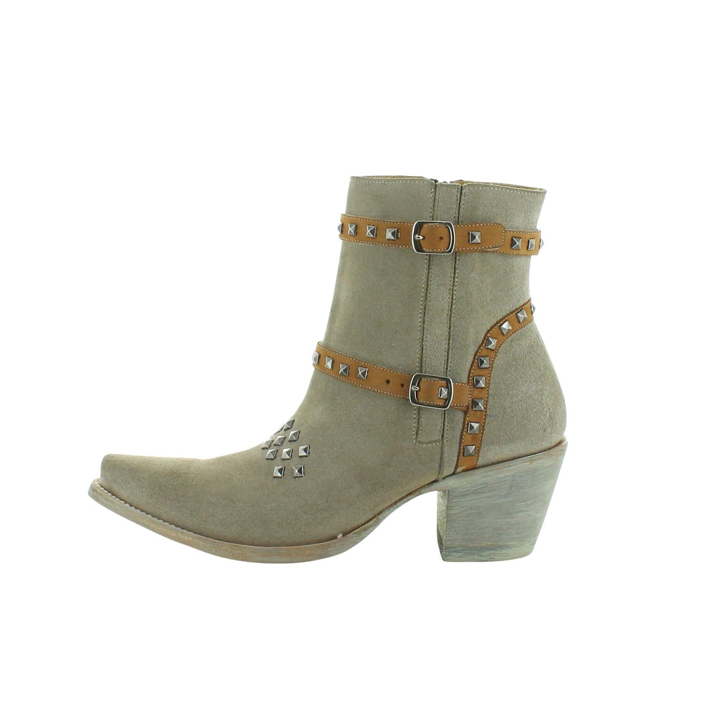 Gray Faux Suede Snip-Toe Studs And Studded Straps Full-Zip Cowgirl Ankle Boots