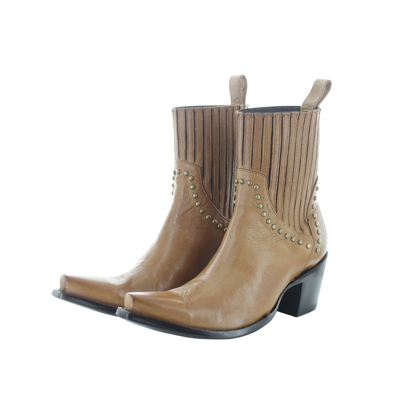 Cognac Snip-Toe Studded Slip-On Western Ankle Cowgirl Boots