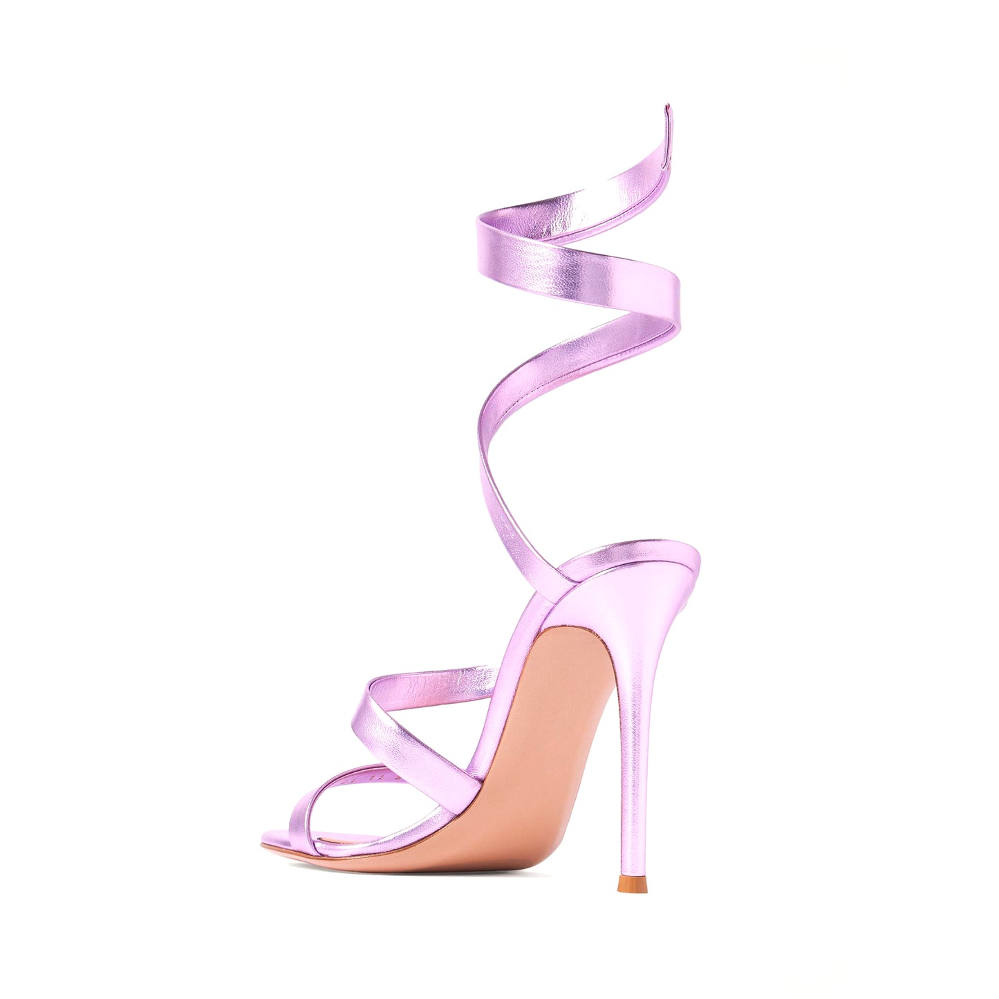 Metallic Lilac Round-Toe Spiral Ankle Straps Sandals High Heels