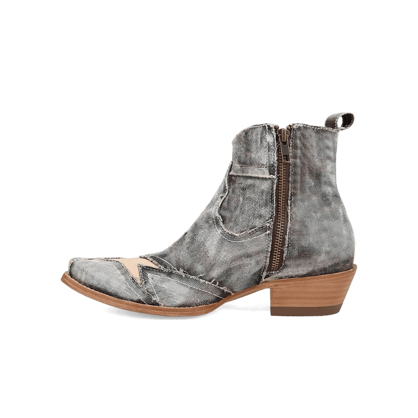 Gray Denim Snip-Toe Vegan Leather Star Inlay Full-Zip Ankle Cowgirl Boots