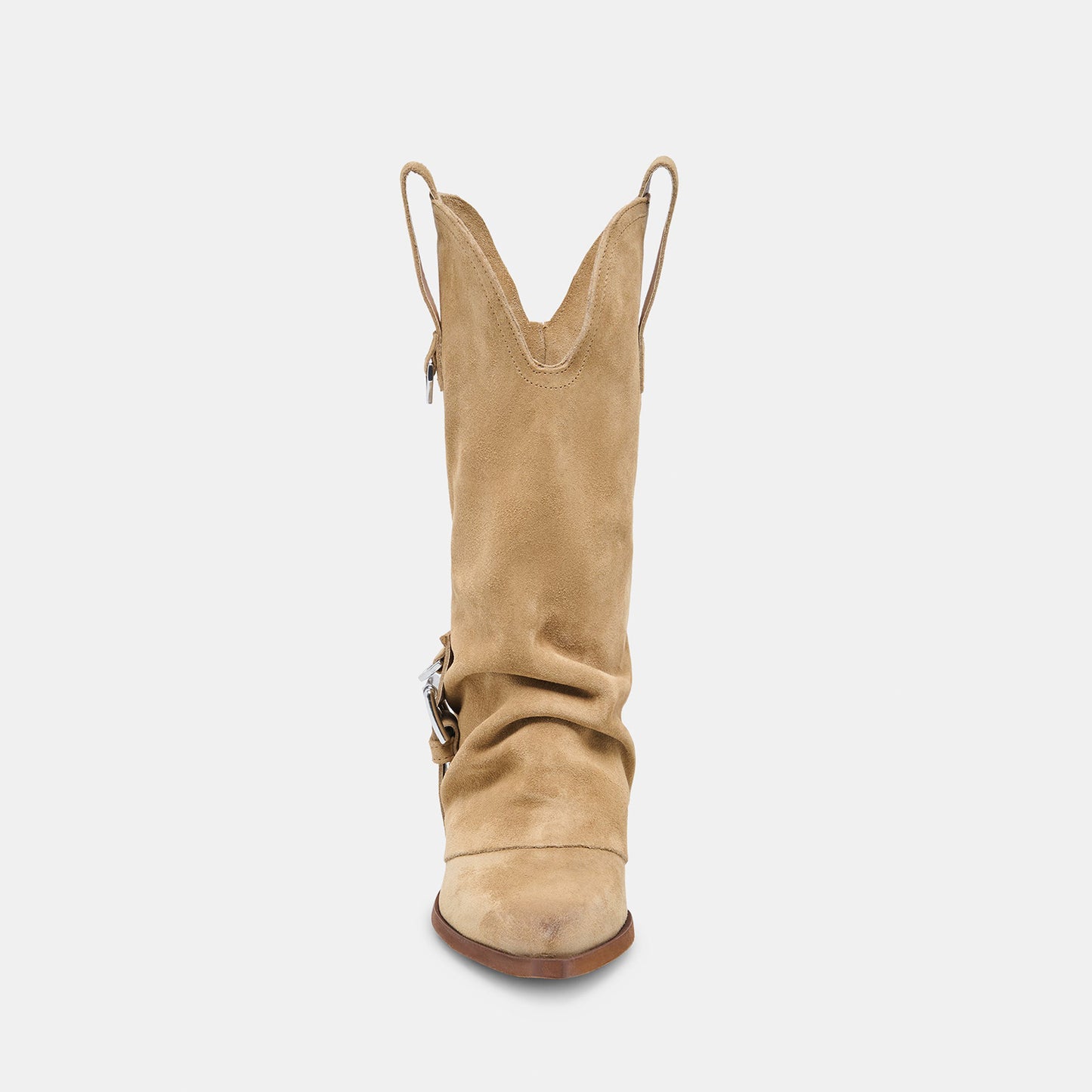 Camel Faux Suede Almond-Toe Buckle Strap Chic Mid Calf Cowgirl Boots