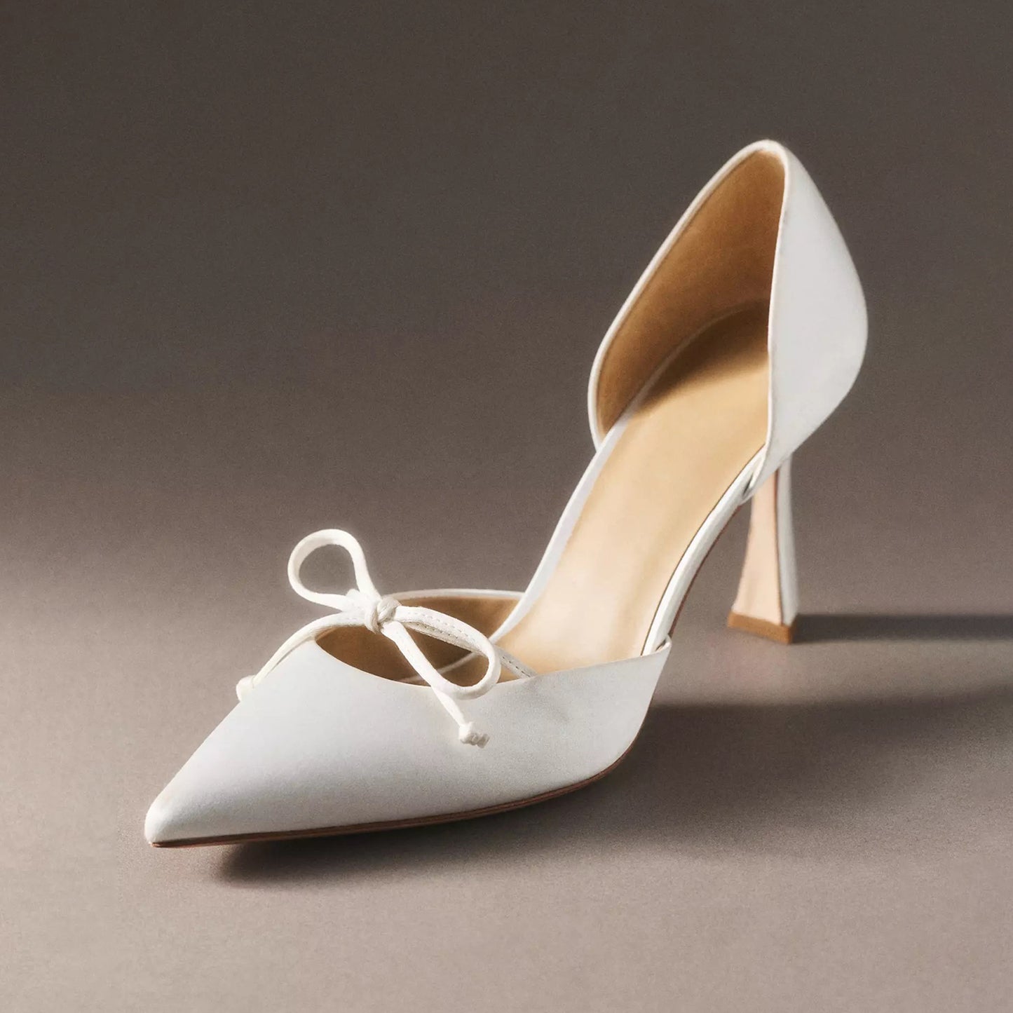 White Satin Pointed-Toe Front Bow Slip-On Chic High Heels