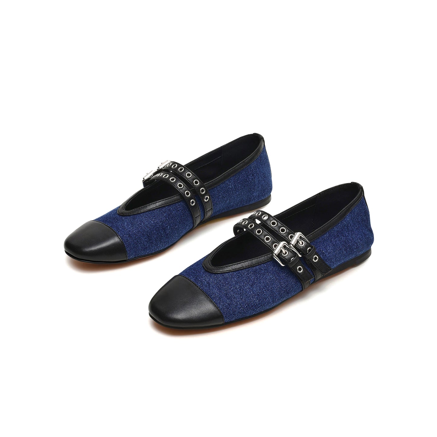 Blue Square-Toe Double Bridge Straps With Eyelets Classic Ballet Flats