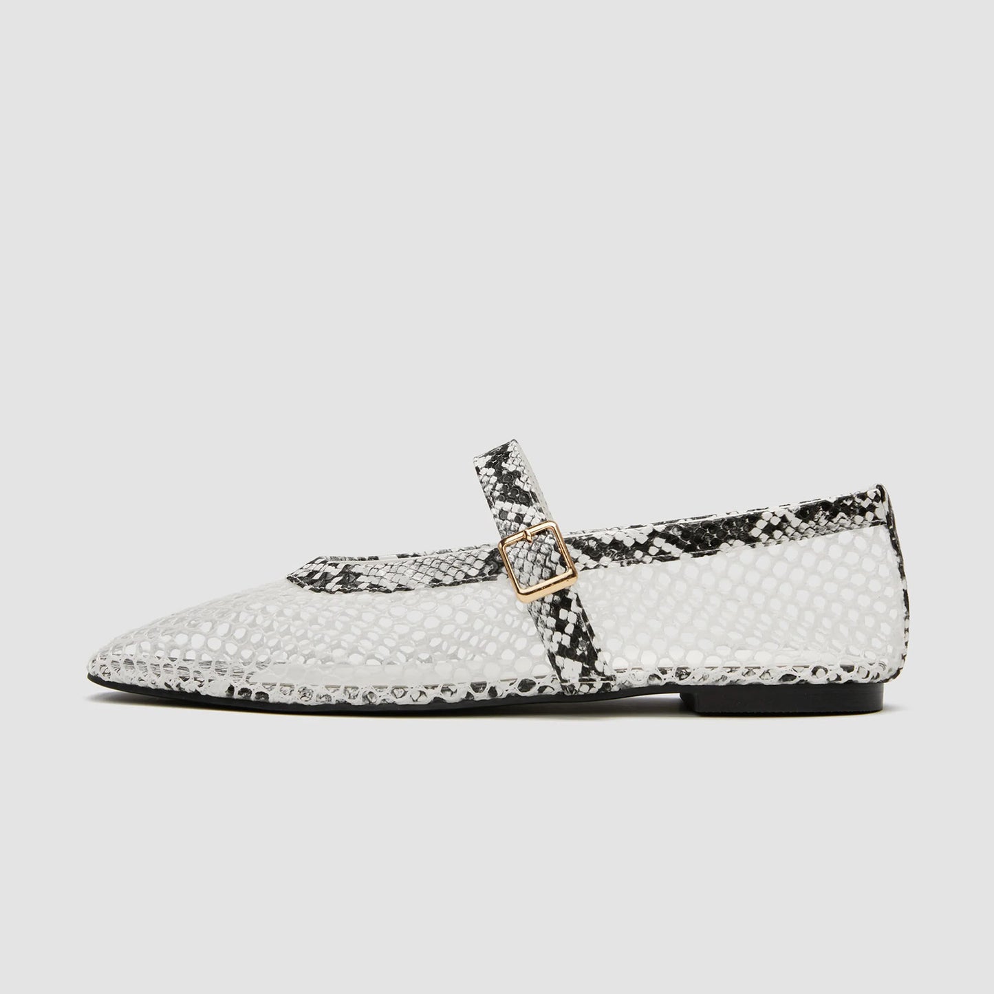 Mesh And Snakeskin Pattern Square-Toe Mary Jane Ballet Flats