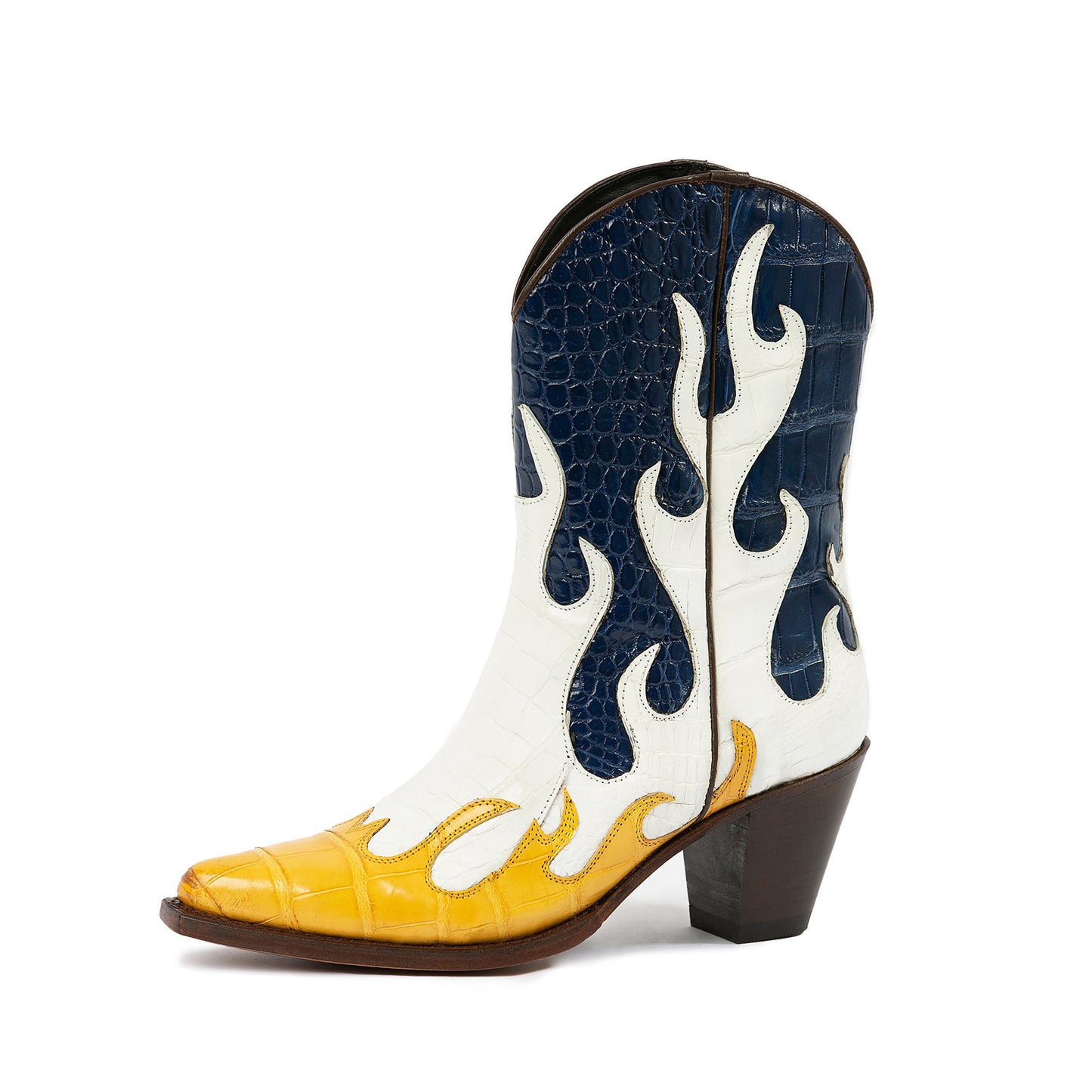 Contrast Tri-Colors Crocodile Print Pointed-Toe Flame Appliques Ankle Cowgirl Boots