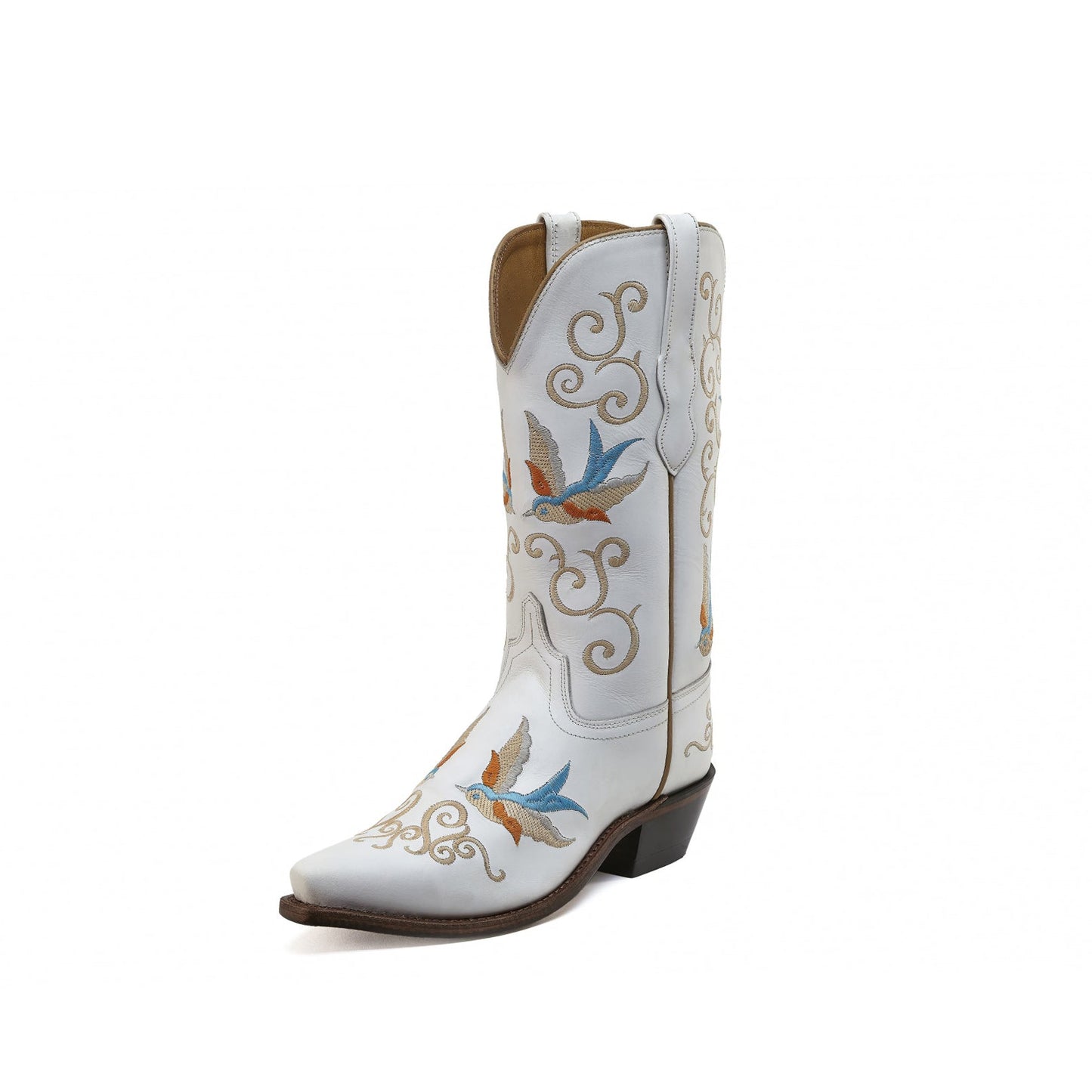 White Snip-Toe Swallow Embroidery Mid Calf Cowgirl Boots