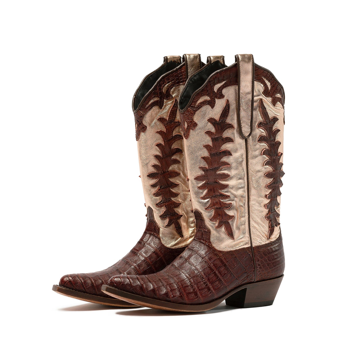 Contrast Brown Crocodile Print And Metallic Champagne Snip-Toe Appliques Mid Calf Cowgirl Boots