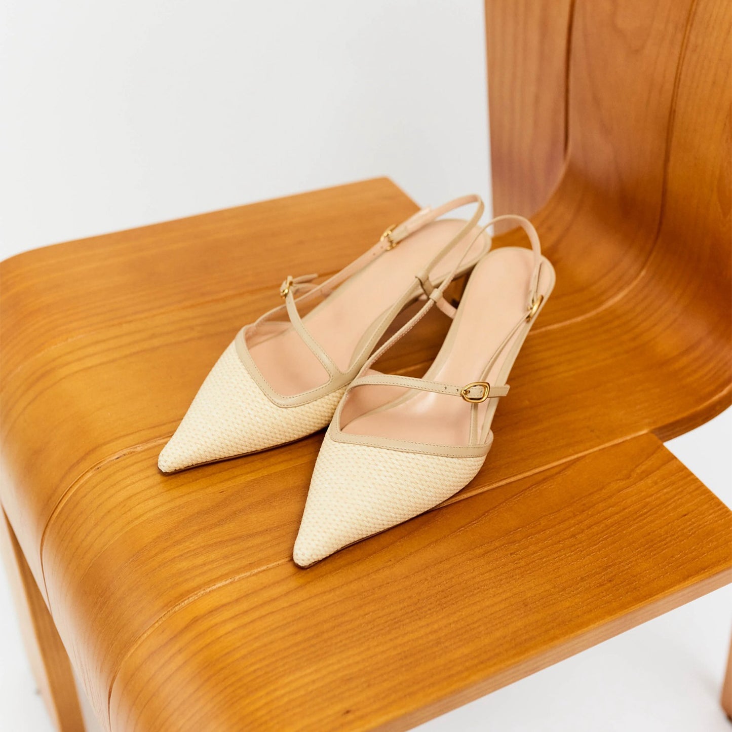 Nude Specially Woven Pointed-Toe Slingback Kitten Heels