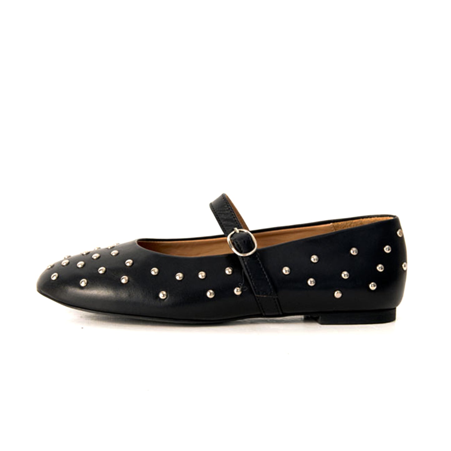 Black Round-Toe Full Studs And Buckle Mary Jane Ballet Flats