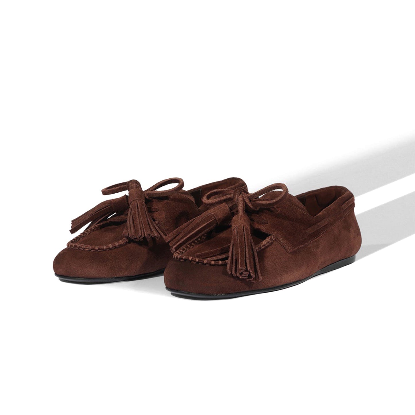 Coffee Faux Suede Square-Toe Front Bow With Fringe Slip-On Flats